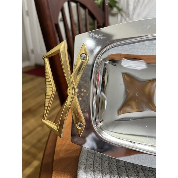 Vintage MCM Kromex Chrome w/ Gold Tone Handles Bread and Roll Serving Tray 17” - Picture 6 of 8